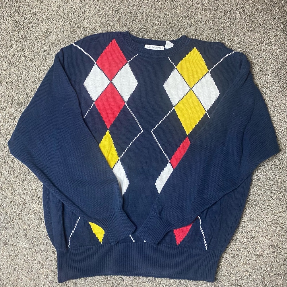 Liz Claiborne Navy Argyle Sweater with Red, Yellow, and White Diamonds